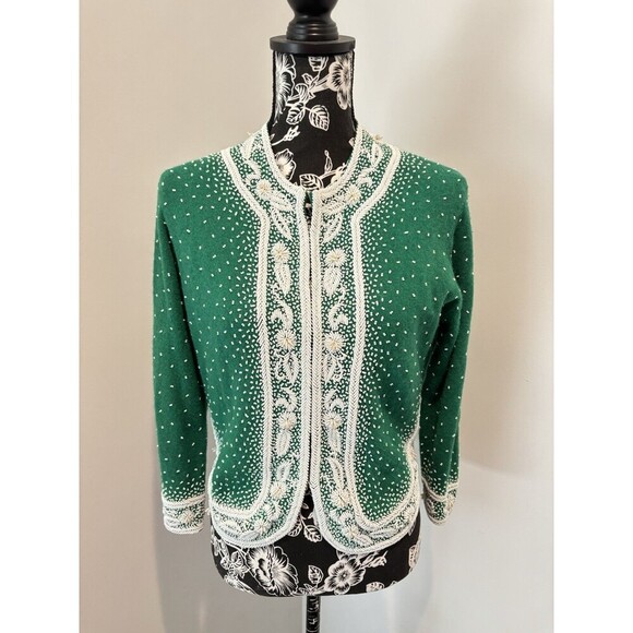DOREEN LOK Vintage 60s Green Wool White Beads 3/4 Sleeves Cardigan Sweater 36/4 - Picture 4 of 13